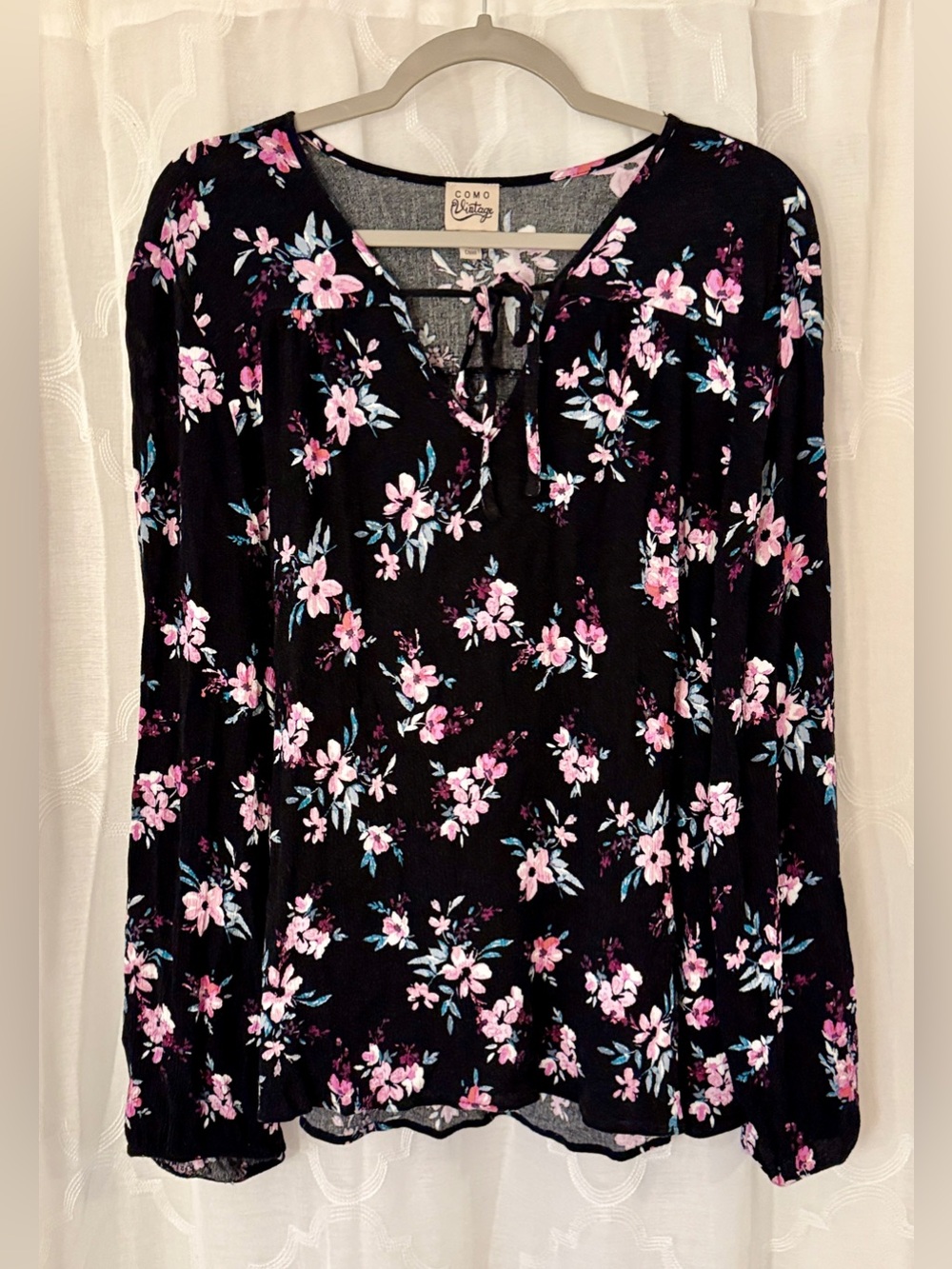 Como Vintage XL Black Pink Floral Tie Neck Boho Blouse